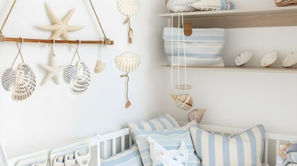 Coastal-themed nursery with striped blue and white textiles, decorative seashells, and starfish creating a serene beach-inspired feel.
