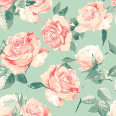 Romantic floral pattern with pink roses on a mint green background, creating an elegant and timeless seamless design, perfect for sophisticated decorative purposes
