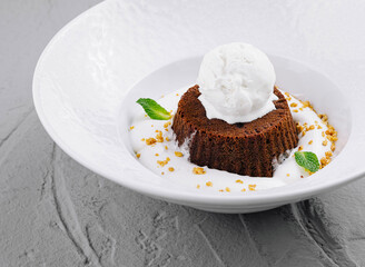 Decadent molten chocolate lava cake with vanilla ice cream