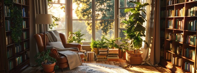 A cozy reading nook nestled by a bay window complete with a comfortable armchair a floor lamp and a collection of books providing spot for quiet contemplation and literary escapades.