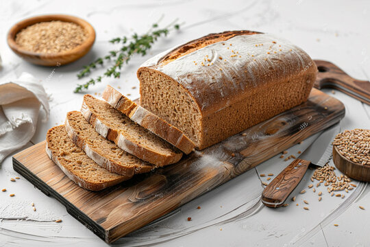 Wooden board with sliced ​​loaf of bread, wheat grns, thyme and knife on a light background 