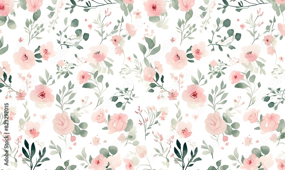 Wall mural small light pink flowers and green leaves, generative ai