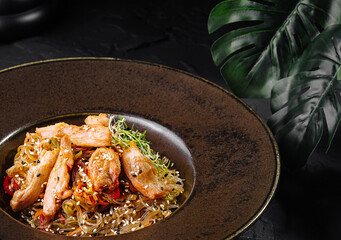Gourmet asian noodle dish on elegant dark table