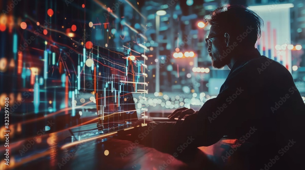 Aufkleber Multi exposure of market chart with man working on computer