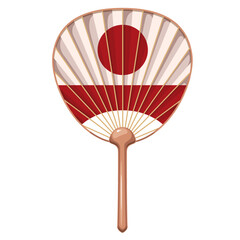 Japanese retro paper fan, cartoon handheld ancient accessory. Retro white fan with red ornament and wooden handle for weaving, tradition of Japan mascot, cartoon classic souvenir vector illustration