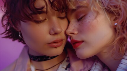Obraz premium A cinematic close-up of two fashionable gay teenagers, evoking the spirit, locked in a tender embrace against a muted purple pastel background, portraying love,