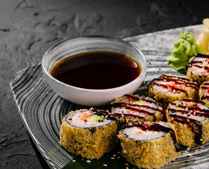 Delectable sushi platter with soy sauce