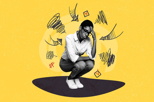 Composite sketch image photo collage of young person depressed stress headache sit hug knees bad mood lady upset make choice cross mark