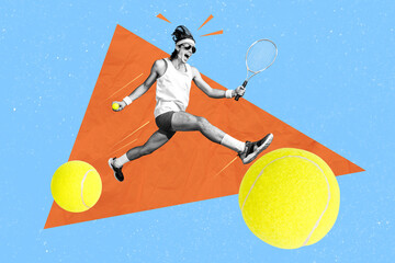 Composite 3D photo collage image of young happy sportive guy hold in hand racket play tennis ball...