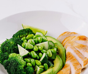 Healthy grilled chicken and green vegetables plate