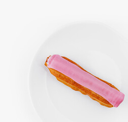 Pink iced eclair on white plate isolated