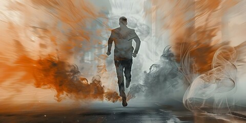 Man running in dynamic action movie scene resembling a blockbuster. Concept Action Film, Dynamic Running, Blockbuster Scene, Movie Recreation, High Energy
