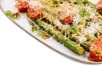 Baked asparagus with cherry tomatoes