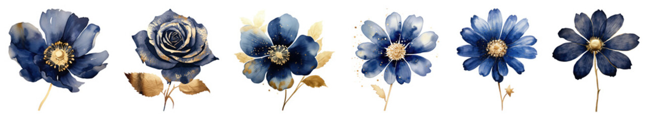 Fototapeta premium Watercolor flower indigo gold glitter png on transparent background