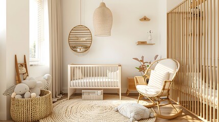 Cozy and stylish baby nursery with natural tones, a rattan crib, a rocking chair, and minimalistic decor, bathed in sunlight.