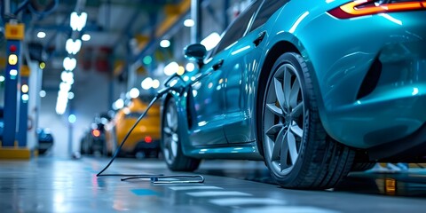 Charging electric cars at a hybrid service garage for vehicle maintenance. Concept Electric Cars, Hybrid Service Garage, Vehicle Maintenance, Charging Stations, Sustainable Transportation