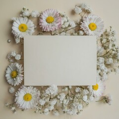 A white card with a flowery border sits in the middle of a flower arrangement