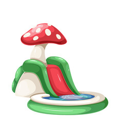 Plastic water slide for baby kids in aqua park with cartoon mushroom. Cute toy fly agaric with red chute leading into round pool, playground mascot, cartoon waterpark slide vector illustration