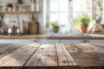Wooden table on blurred kitchen bench background Empty wooden table and blurred kitchen background 