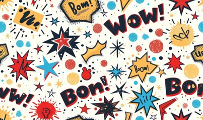 A pattern inspired by 90s pop art, featuring comic book-style graphics