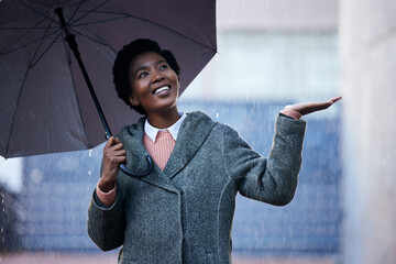 Rain, smile and African businesswoman with umbrella for cover and happy for travel and work in...