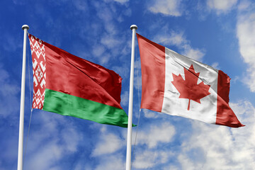3d illustration. Belarus and Canada Flag waving in sky. High detailed waving flag. 3D render. Waving in sky. Flags fluttered in the cloudy sky.