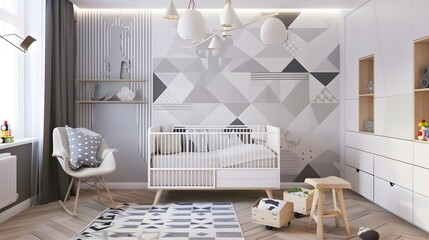Modern baby nursery with geometric patterns, wooden decor, and a cozy white crib, offering a stylish and serene environment for infants.