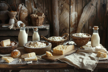 Wooden table with dairy goodies Country dairy delicacies 