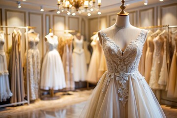 Rental and purchase of wedding dresses for events. Close-up. Elegant white wedding dress on a mannequin in a luxury bridal salon store.