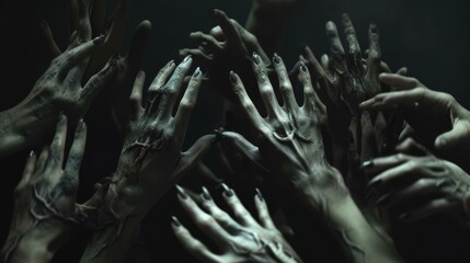 A dark, eerie image capturing multiple pale, reaching hands, creating a sense of desperation or horror, ideal for thematic storytelling.