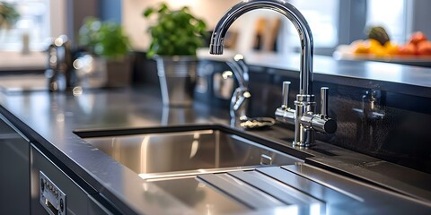 A Close-Up of a Shiny Stainless Steel Kitchen Sink with a Faucet. Concept Product Photography, Kitchen Products, Home Improvement, Interior Design, Household Appliances