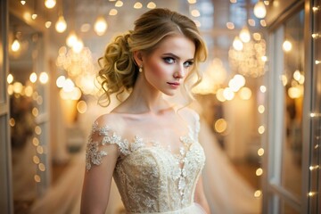 Naklejka premium Rental and purchase of wedding dresses for events. Close-up. A beautiful girl, nevesna, tries on an elegant white wedding dress in a luxury bridal salon store.