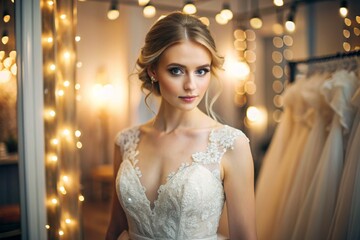 Naklejka premium Rental and purchase of wedding dresses for events. Close-up. A beautiful girl, nevesna, tries on an elegant white wedding dress in a luxury bridal salon store.
