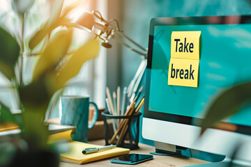 Work place,office room desk with sticky note text Take a break concept for relaxing,enjoy life 