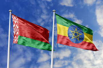 3d illustration. Belarus and Ethiopia Flag waving in sky. High detailed waving flag. 3D render. Waving in sky. Flags fluttered in the cloudy sky.