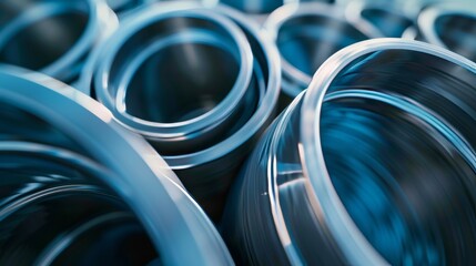 Round metal pipes of different sizes in modern steel mill with emphasized texture and shine
