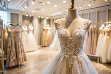 Fototapeta premium Rental and purchase of wedding dresses for events. Close-up. Elegant white wedding dress on a mannequin in a luxury bridal salon store.
