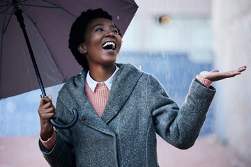 Rain, smile and African businesswoman with umbrella for cover and happiness in city with travel for...
