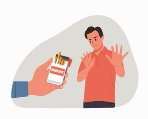 Young man showing a negative gesture and stop to the smoking. Cigarette pack on hand. Vector cartoon flat style illustration