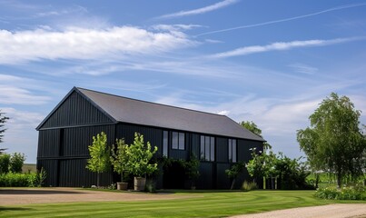 Modern barn house in summer countryside, perfect sunny midday