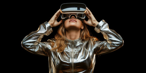 H&uuml;bsche Model Frau in Chrom Anzug mit VR Brille 3D VR Metaverse mit futuristischem Hintergrund in Querformat als Banner