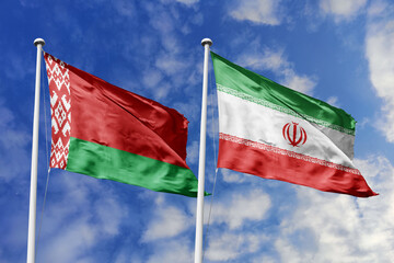 3d illustration. Belarus and Iran Flag waving in sky. High detailed waving flag. 3D render. Waving in sky. Flags fluttered in the cloudy sky.