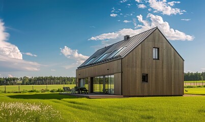 Modern barn house in summer countryside, perfect sunny midday