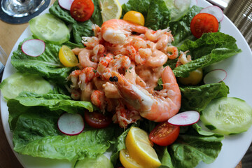 seafood salad with prawns, shrimp and crayfish tails