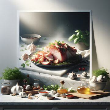 Raxo with Pork and Garlic on Marble Kitchen Counter