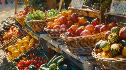 Colorful fresh fruits and vegetables displayed in wicker baskets at a vibrant outdoor market on a sunny day.