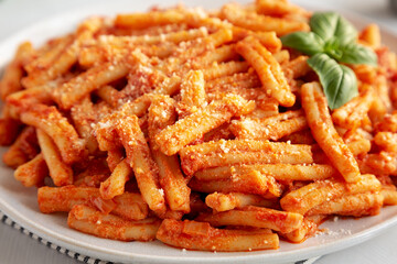 Homemade Italian Casarecce Pasta with Creamy Tomato Sauce, side view.
