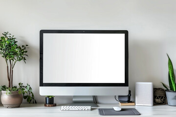 Workspace desk with pc and blank screen desktop computer in minimal office room with decorations and copy space Mock up for advertisement,text,logo 