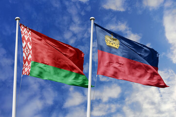 3d illustration. Belarus and Liechtenstein Flag waving in sky. High detailed waving flag. 3D render. Waving in sky. Flags fluttered in the cloudy sky.