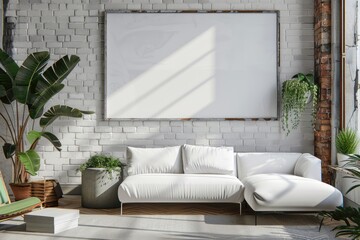 Modern Living Room Interior with Blank Poster Frame on Concrete Wall